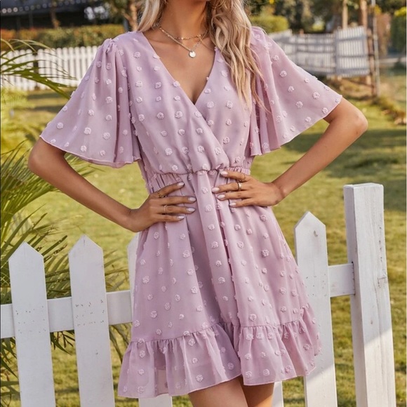 Lilac Swiss Dot Ruffle Hem V Neck Dress - Picture 5 of 7